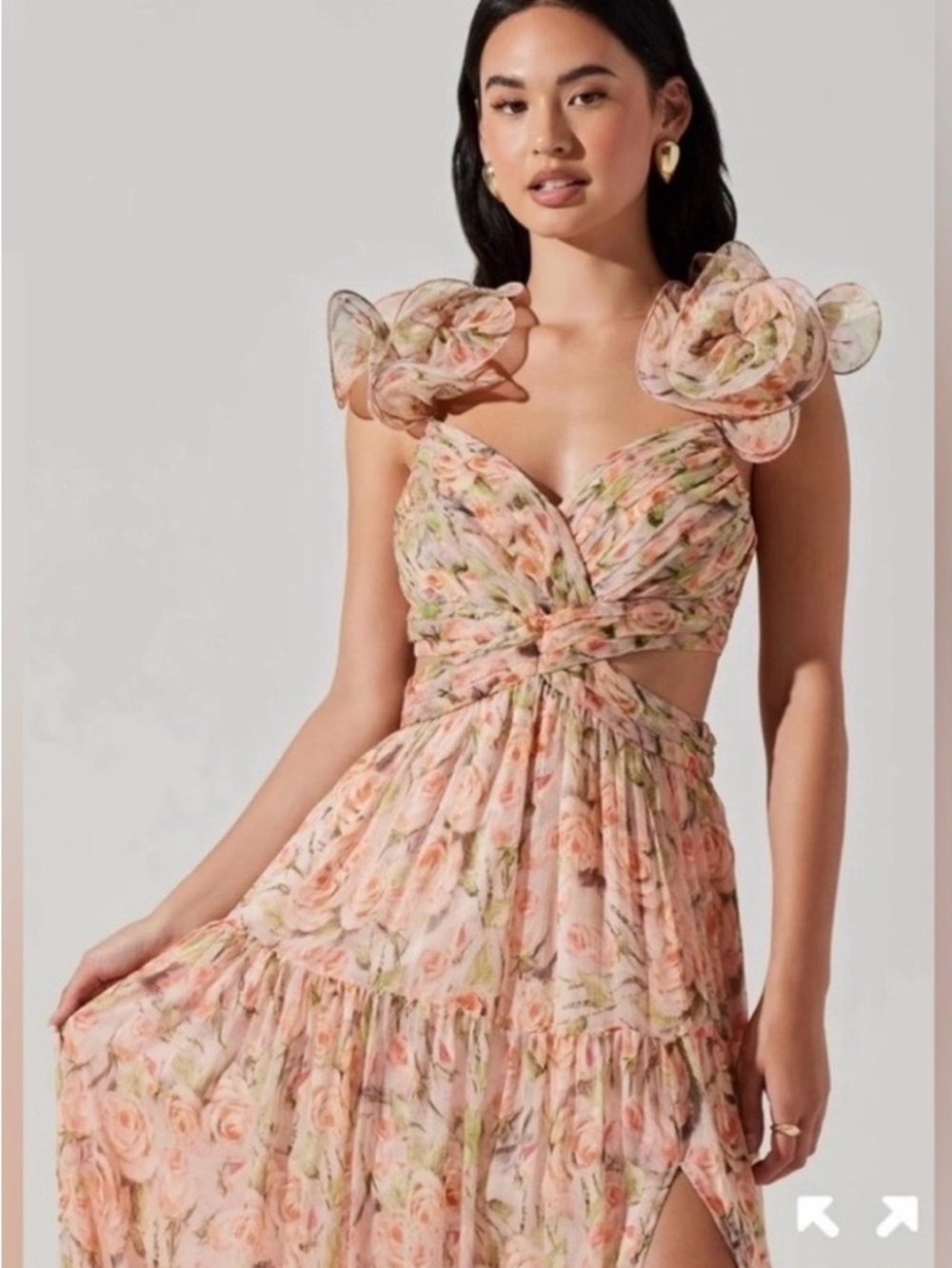 Astr Floral Pink & Green Ruffle-Shoulder Maxi Dress